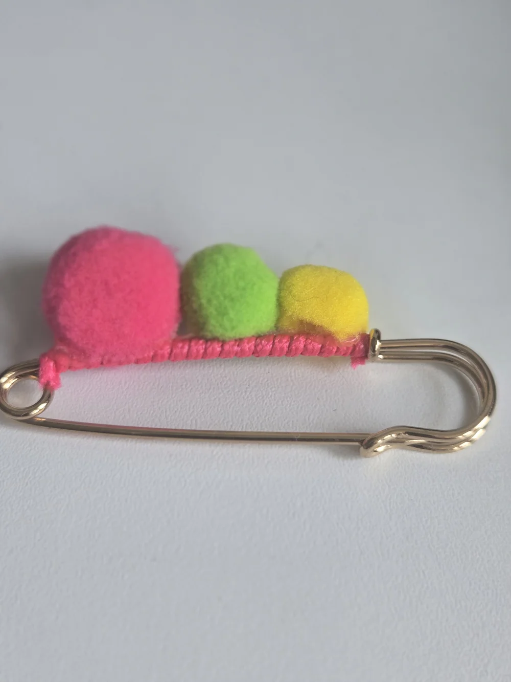 Kids Safety Pin with Pink, Green & Yellow Pom-Poms